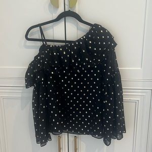 Parker Off the shoulder, long sleeve black blouse with gold polkadots